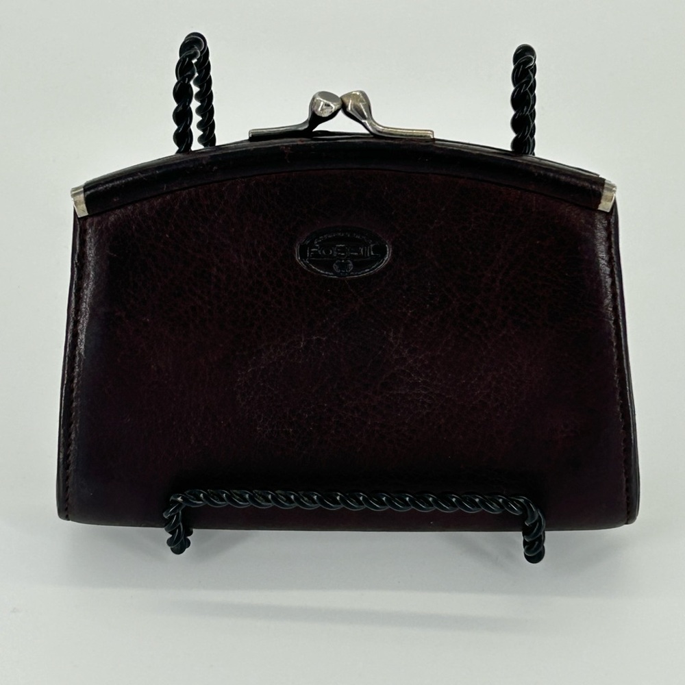 Vintage Fossil‎ Brown Leather Kiss Lock Wallet Coin Purse ID Card Holder